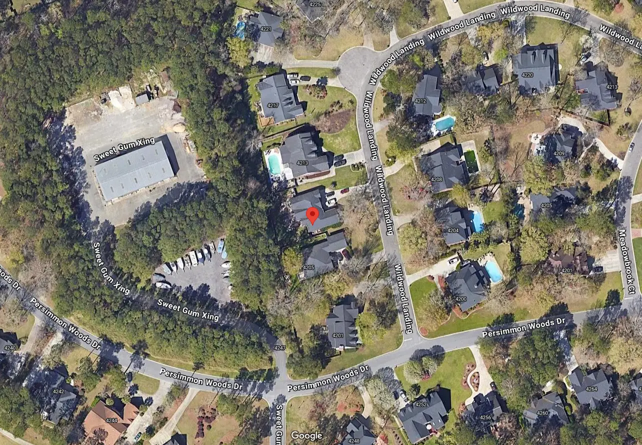 Overhead view of the house for sale by owner at 4209 Wildwood Landing, North Charleston, SC 29418.  The Geo Coordinates are 32.94297552075661, -80.1069812828188
