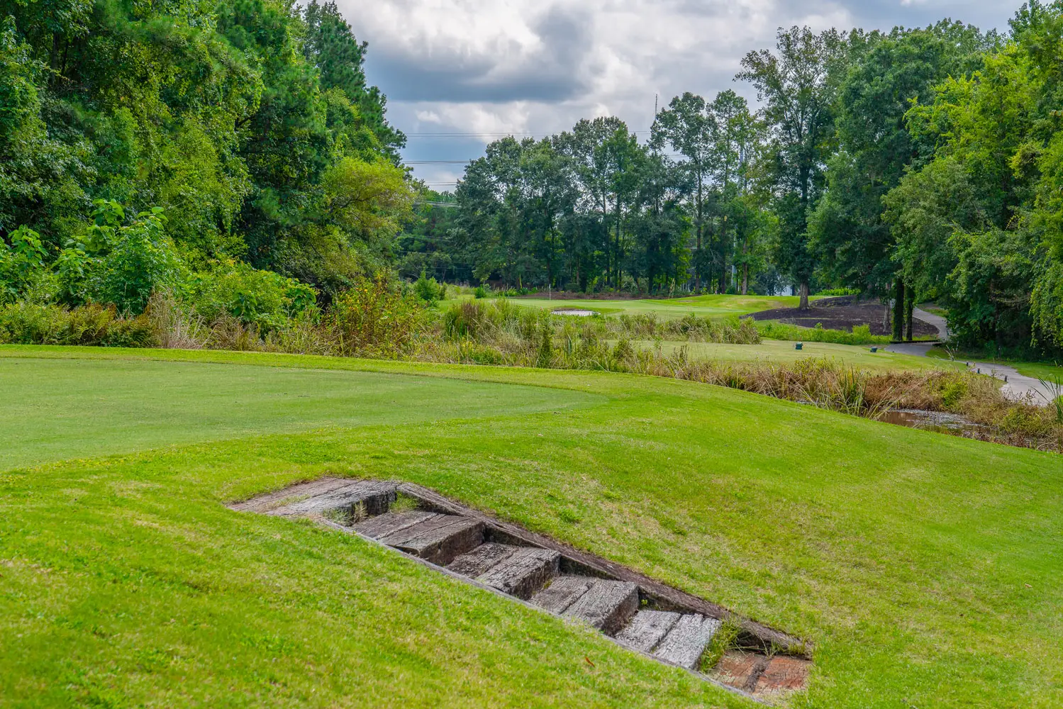Picture of the convenient steps on the golf course near the private home for sale by owner in the Coosaw Creek Country Club located in North Charleston, SC  29420.